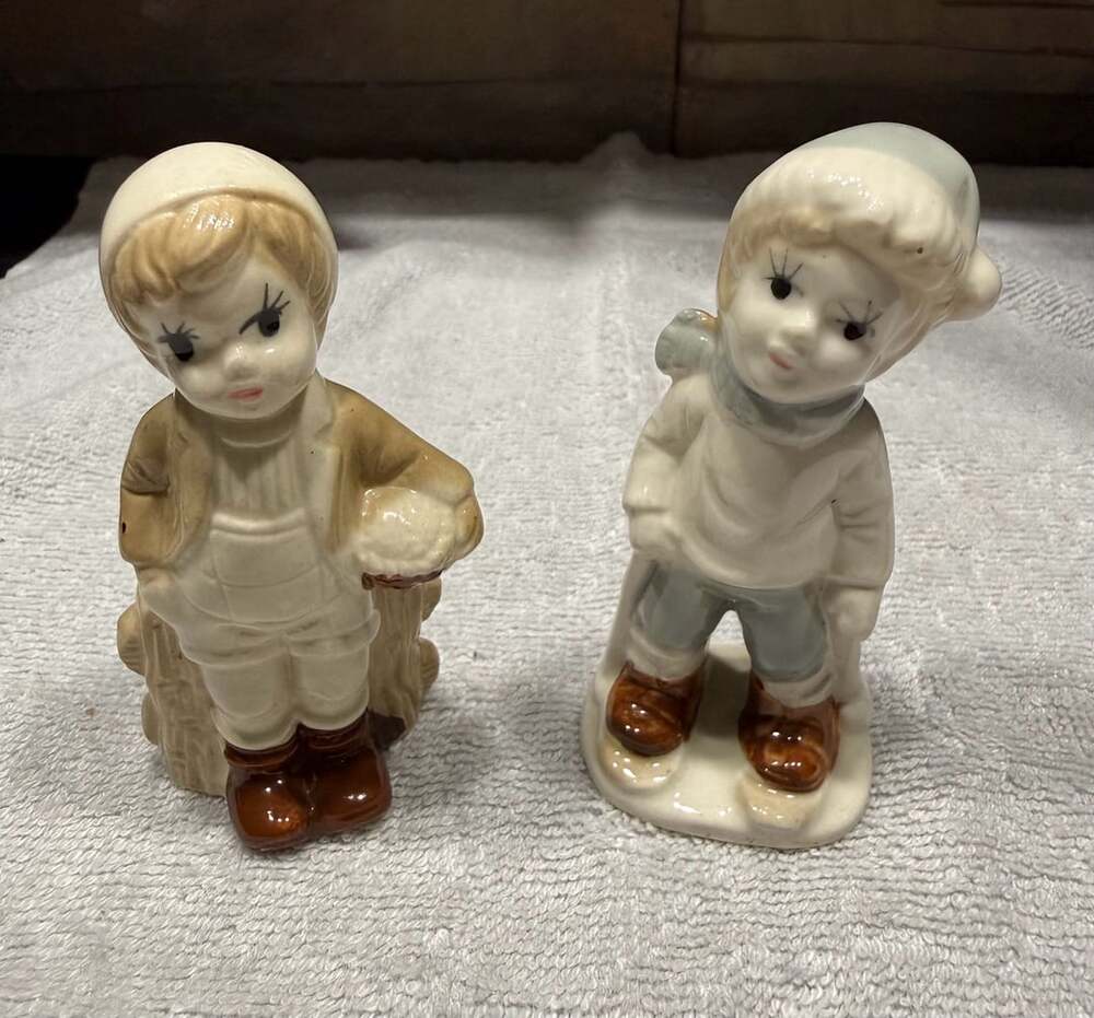 Vintage Porcelain Winter Boy Figurine Set Pair
